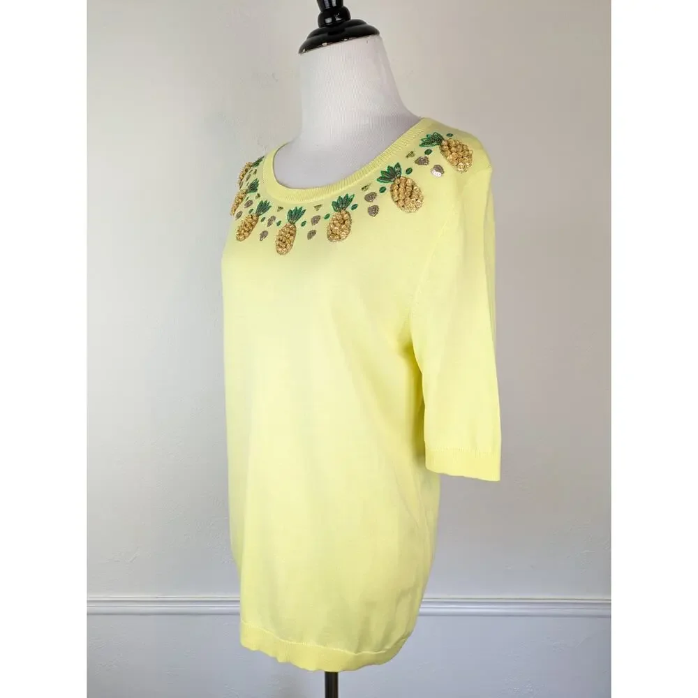 Talbots Sweater Pineapple Beaded Sequins Spring Summer Yellow Novelty Size M